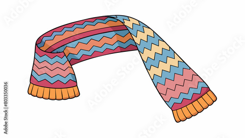 A soft knitted scarf with a zigzag pattern in multiple colors. It is long enough to wrap around ones neck twice and has fringed ends for added. Cartoon Vector