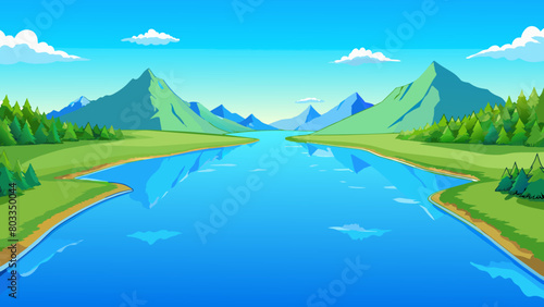 A smooth glassy lake stretching as far as the eye can see reflecting the clear blue sky above and the surrounding hills. The calm surface of the water. Cartoon Vector