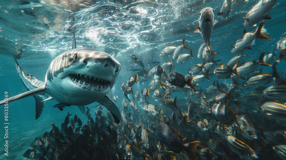 Fototapeta premium Big shark attacking school of small fish