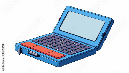 A square device with a small screen and a compact keyboard attached. The screen can be flipped up to reveal the keyboard for typing. The device is. Cartoon Vector