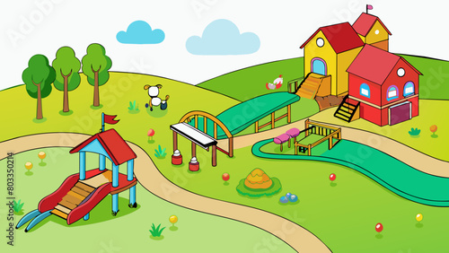 A sprawling farmland with rolling hills lush green pastures and a big red barn overlooking the landscape. The area is serene and picturesque with. Cartoon Vector