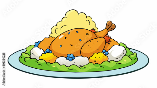 A steaming goldenbrown roasted chicken sits atop a bed of fluffy mashed potatoes surrounded by a variety of colorful steamed vegetables. The succulent. Cartoon Vector