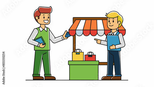 A store owner holding up different items to a customer trying to find a mutually agreeable price for a product that satisfies both their needs.. Cartoon Vector