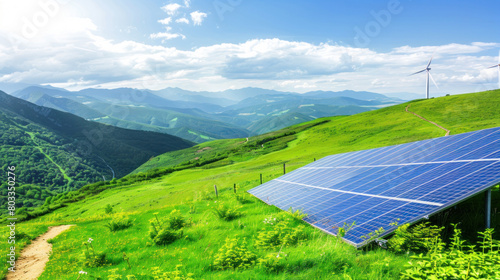 Park of solar batteries and wind generators, renewable green energy concept