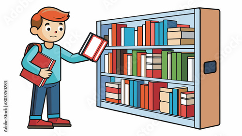A student scans through different books in the library looking for one with clear illustrations easytoread font and relevant information for their. Cartoon Vector photo