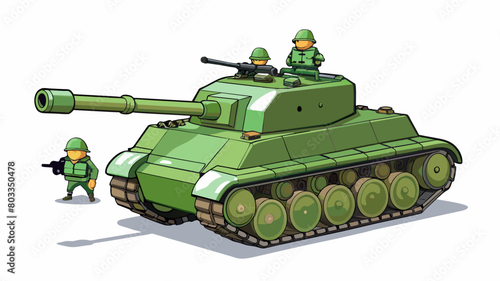 A tank painted in shades of green and brown idling menacingly with its cannon pointed forward. Its hulking size is highlighted by the small figures of. Cartoon Vector
