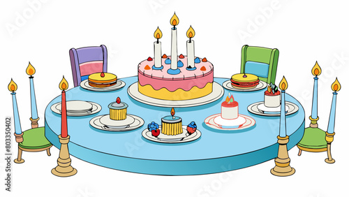 A table set with plates and silverware adorned with decorative centerpieces and a cake with lit candles in the center.. Cartoon Vector