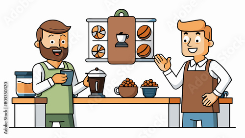 At a bustling coffee shop a barista enthusiastically explains the flavor profiles of different beans to a customer while they wait for their pourover. Cartoon Vector
