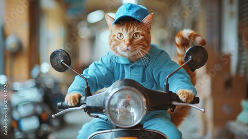 Cat in a blue uniform rides a scooter © duyina1990
