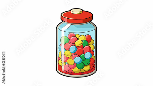 A tall hexagonal glass jar with a metal screwon lid filled with a mix of colorful candies. The jar has a vintage feel with a bright red label. Cartoon Vector