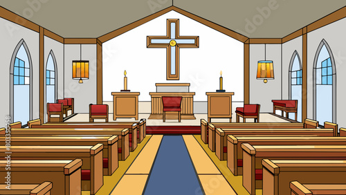 As you enter the church you are greeted by rows of pews leading towards a raised platform. On the platform sits a simple wooden pulpit flanked by tall. Cartoon Vector