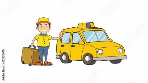 A taxi pulled up to the curb its faded yellow paint and wellworn tires showing signs of many miles traveled. The driver sporting a worn cap and a kind. Cartoon Vector