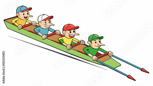 A team rowing in sync In this illustration a group of individuals are in a boat rowing in perfect synchronization. Their paddles are all in the same. Cartoon Vector