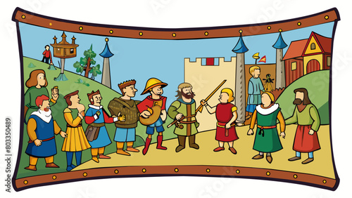 A tapestry depicting scenes from medieval times showcasing the different social classes and their daily activities from peasants to knights to. Cartoon Vector
