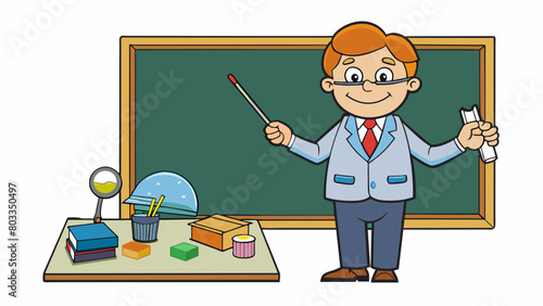 A teacher stands in front of a blackboard holding chalk and using a variety of educational materials to engage and educate students with patience. Cartoon Vector