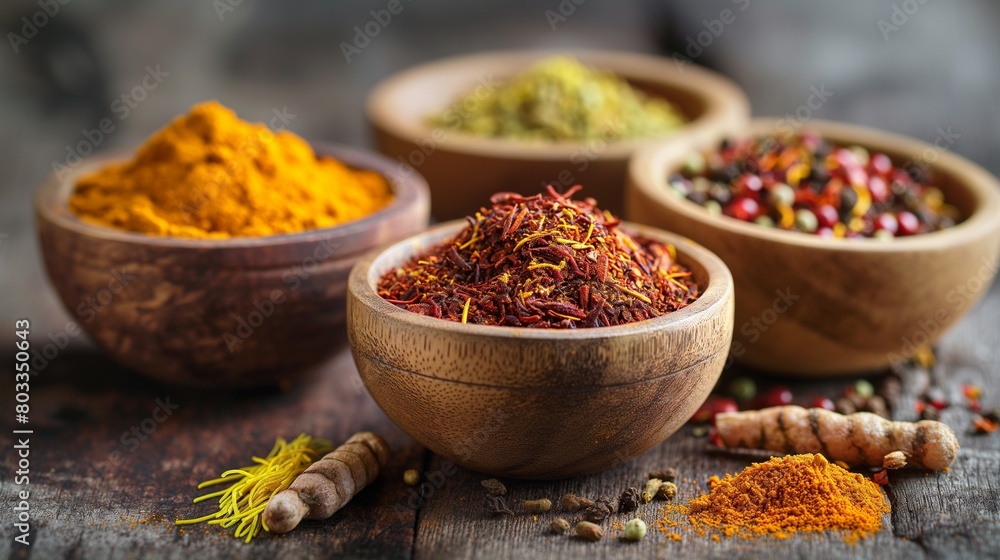 A collection of exotic spices, including turmeric, saffron, and paprika, displayed in small, wooden bowls against a rustic studio background.