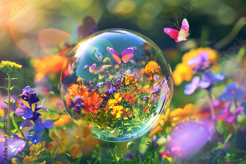 transparent glass ball with flowers and butterfly inside on meadow background, magic summer spring concept, nature reflection wallpaper