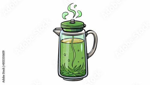 A tall slender glass jar is filled with loose leaf tea each leaf a different shade of green. The tea leaves twirl gracefully when hot water is poured. Cartoon Vector