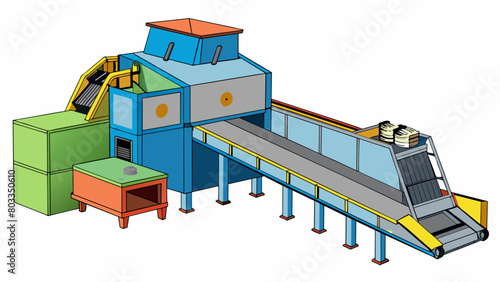 A tall machine with multiple rotating blades and a conveyor belt feeding system. This industrial shredder is specifically designed for recycling. Cartoon Vector