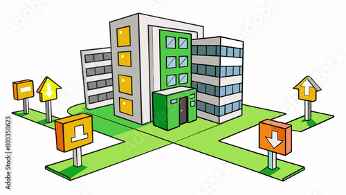 At an office building there are signs posted near stairs and elevators indicating the designated evacuation routes in case of an emergency. The signs. Cartoon Vector