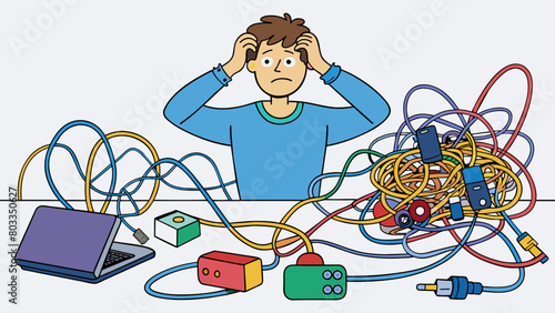 A tangled mess of colorful wires cords and electronic devices tered across a table with someone scratching their head in confusion as they attempt to. Cartoon Vector