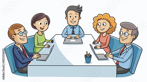 At a workplace meeting a group of coworkers gather around a conference table each with a notepad and pen in front of them. The room is filled with the. Cartoon Vector