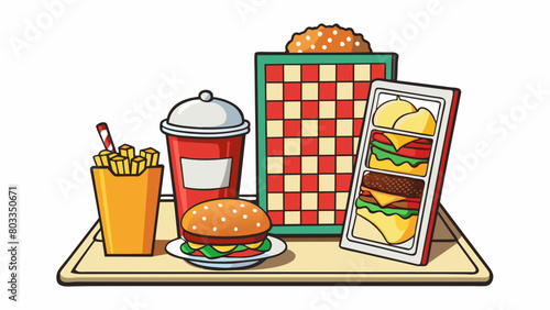 A traditional American diner menu with a checked pattern and illustrations of classic diner food such as burgers milkshakes and fries. The font is. Cartoon Vector