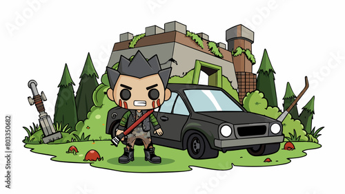 A thriller in a postapocalyptic world where abandoned buildings are covered in overgrown vines and graffiti. The main antagonist drives a menacing. Cartoon Vector