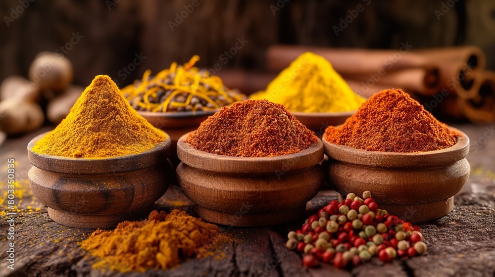 A collection of exotic spices, including turmeric, saffron, and paprika, displayed in small, wooden bowls against a rustic studio background.