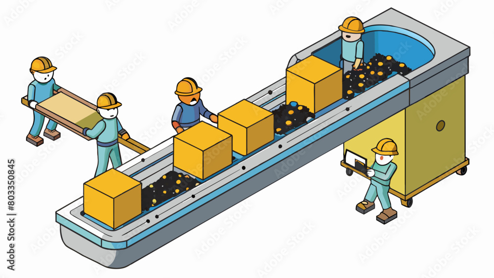 At the beginning of the assembly line there is a large storage bin filled with raw materials. As the materials move down the line they are gradually. Cartoon Vector At the beginning of the assembly line there is a large storage bin filled with raw materials. As the materials move down the line they are gradually. Cartoon Vector