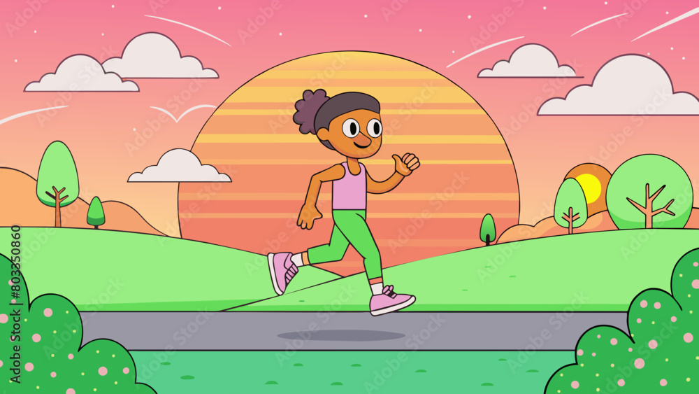 A video of a person jogging through a park during sunrise. Their running shoes have neon green laces and leave small imprints in the dewy grass as. Cartoon Vector