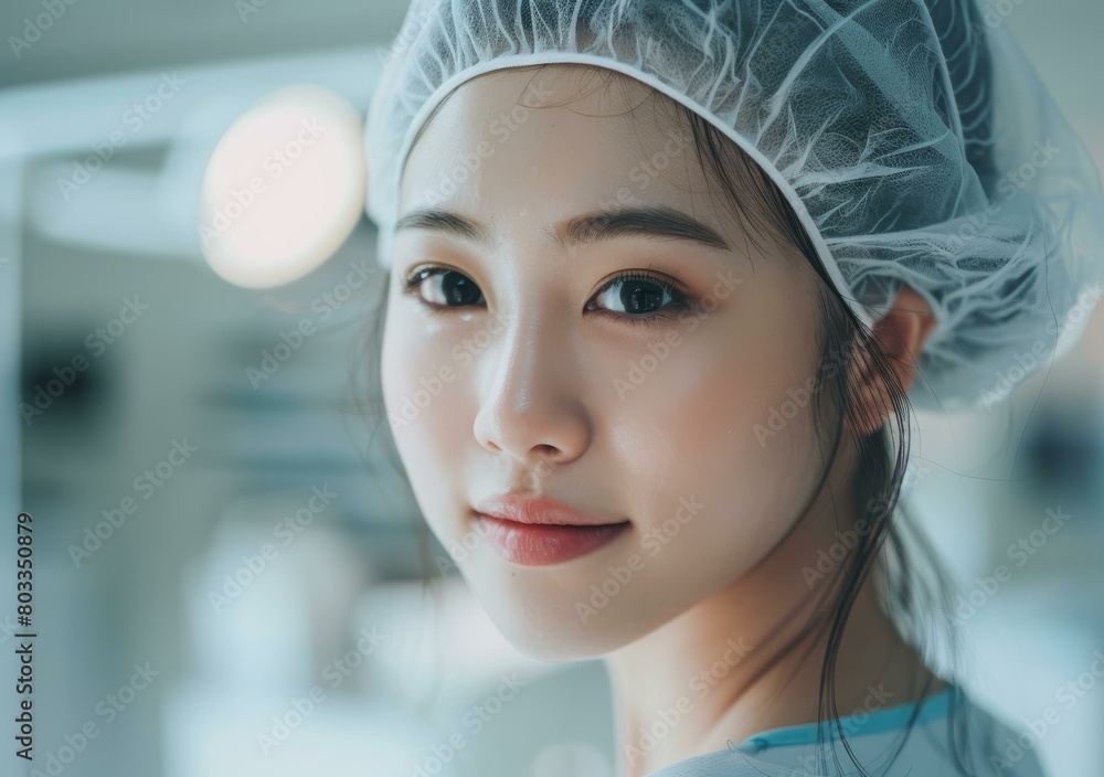 Portrait of a young Asian female doctor wearing a surgical cap Portrait of a young Asian female doctor wearing a surgical cap