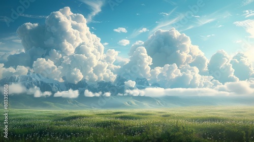 A beautiful landscape with a large field of grass under a blue sky with clouds photo