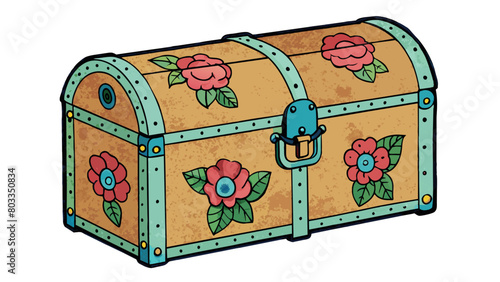 A unique chest made from an old repurposed suitcase. It has a colorful floral pattern on the outside and two metal latches for opening. Inside the. Cartoon Vector