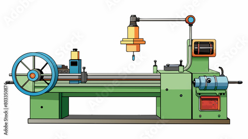 A vertical lathe is designed with a large upright frame that holds a horizontal table. The table can move up and down while a tool head mounted on a. Cartoon Vector