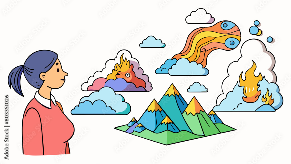A woman gazes at the clouds creating vibrant scenes in her mind as they shift and transform before her with some resembling mountains and others. Cartoon Vector
