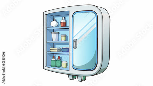 A white wallmounted medicine cabinet with a mirrored door and a convenient shelf inside. Its compact size and rounded edges make it a suitable option. Cartoon Vector