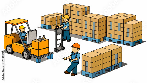 A warehouse filled with rows of neatly stacked boxes and crates. Workers use forklifts and pallet jacks to move the boxes and the air is filled with. Cartoon Vector