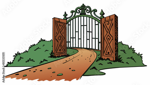 A weathered and rusted gate partially open revealing a dark and overgrown path beyond. The gate represents the feeling of fear and hesitation while. Cartoon Vector