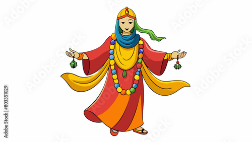 A woman dressed head to toe in brightly colored scarves and flowing robes adorned with various trinkets and beads. She moves with a graceful almost. Cartoon Vector