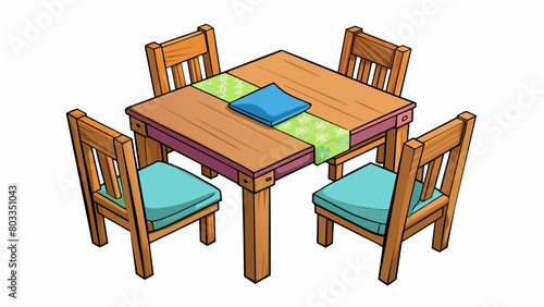 A wooden dining table with four chairs each with a different colored cushion.. Cartoon Vector