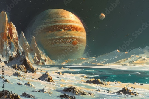 An illustration of a beautiful landscape with a giant planet in the sky