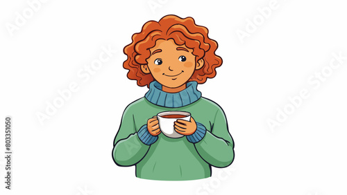 A woman with curly hair wearing a cozy sweater and sipping a hot mug of tea radiating warmth and comfort.. Cartoon Vector