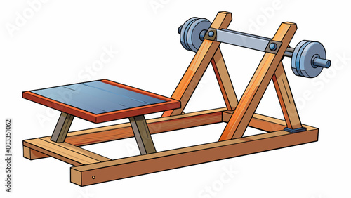 A wooden frame with a metal plate on top resembling a weightlifters bench. A hydraulic jack is mounted underneath the plate and can be pumped to raise. Cartoon Vector