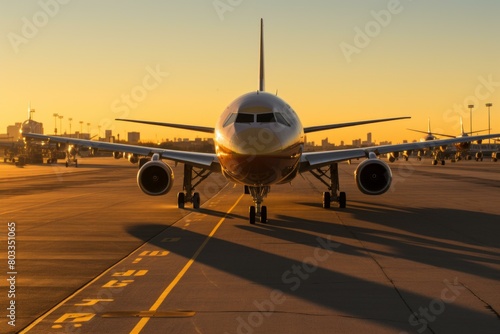 commercial airliners on a runway at sunset