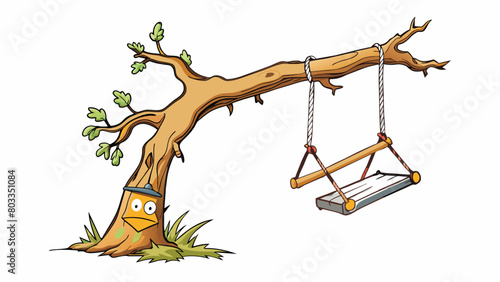 A worn out rope swing hanging from a high tree branch begging to be played on despite its frayed and brittle appearance risking a fall.. Cartoon Vector