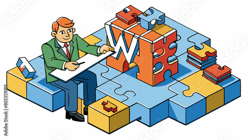 A writer is like a puzzle fitting together words and phrases to create a beautiful and cohesive picture that captivates readers.. Cartoon Vector