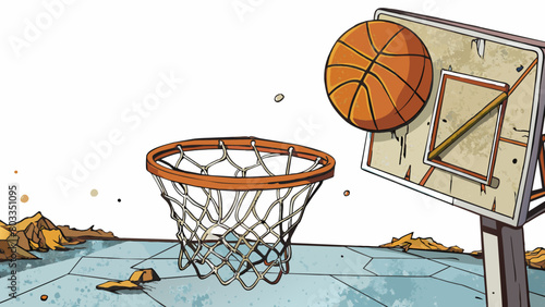 A worn and weathered basketball net hangs from a rusted hoop swaying gently in the breeze. The cracked concrete court is adorned with faded paint. Cartoon Vector