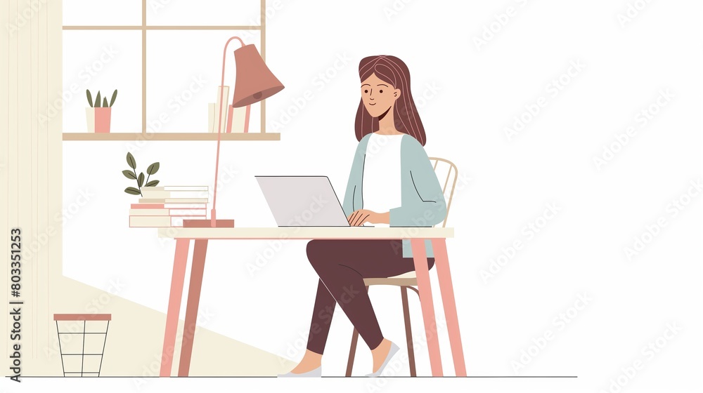 Woman Working on Laptop at Home With Sunlight Streaming Through Window Woman Working on Laptop at Home With Sunlight Streaming Through Window