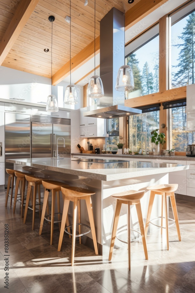 Modern kitchen interior design with large windows and wooden furniture